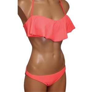 Volcom Coral Ruffle Flounce Bikini Set size Large Ruched Back Swimsuit 2 Piece